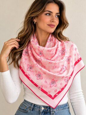 Pink Cherry Blossom Floral Square Scarf with Fuchsia Border Elegant Satin Wrap